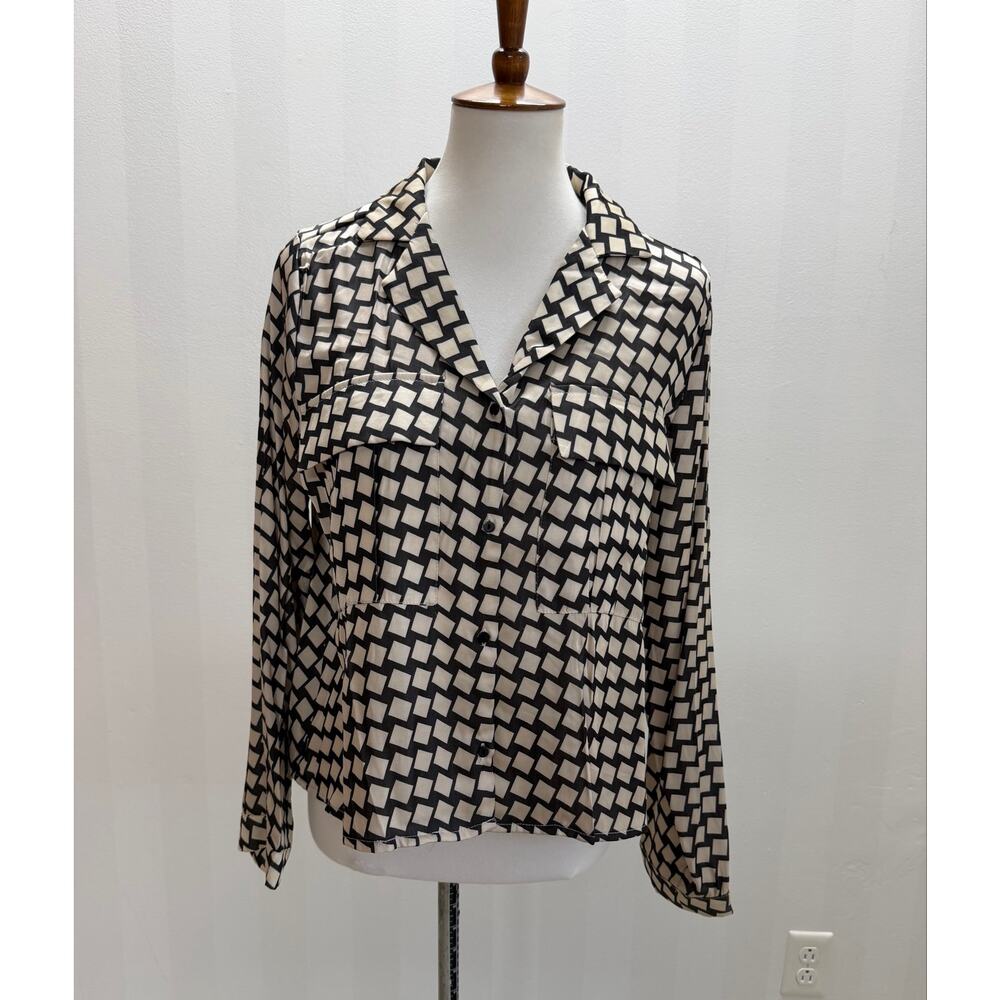 NWT TAHARI Women’s Black/Tan Button Up Blouse Sz L